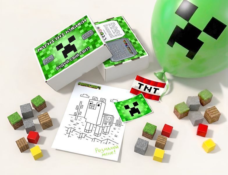 Магнітний конструктор Minecraft 100 блоків, 5 фігурок. Подарунковий набір MR100 фото